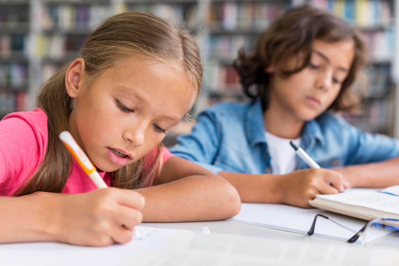 Duas crianças estudando juntas e escrevendo em seus cadernos, ilustrando a adaptação escolar na Itália.